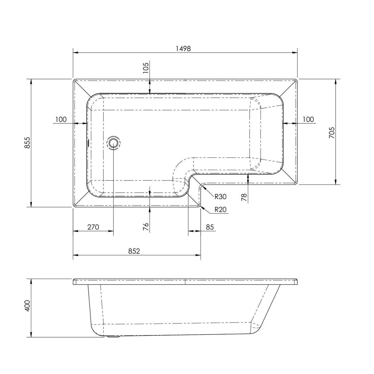 Fairford 1700 x 850mm L Shaped Left Hand Shower Bath