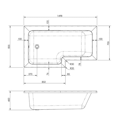 Fairford 1700 x 850mm L Shaped Left Hand Shower Bath