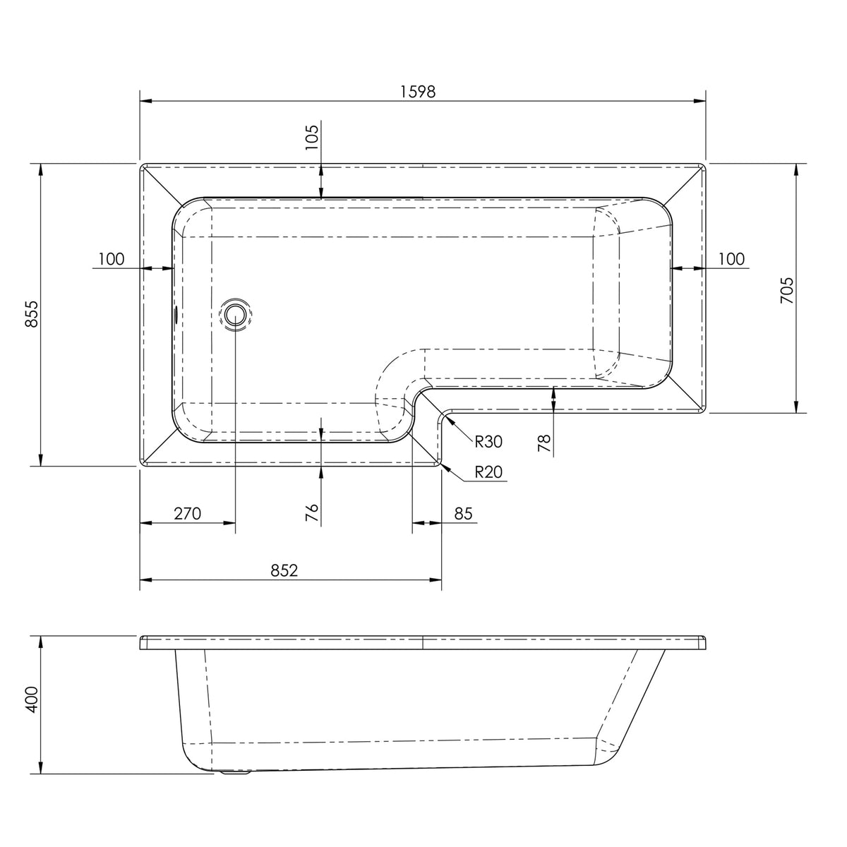 Fairford 1500 x 850mm L Shaped Right Hand Shower Bath