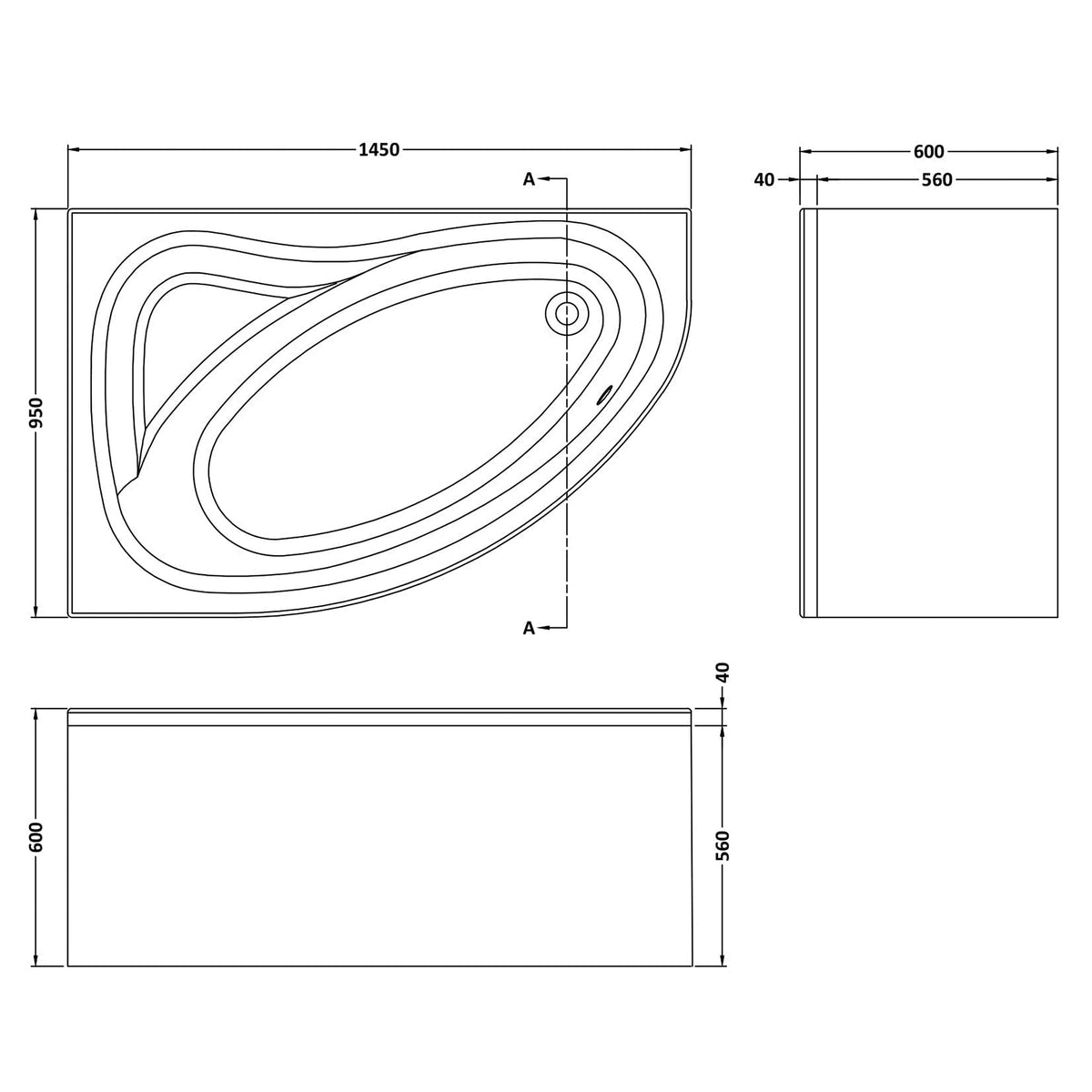 Fairford 1450 x 950mm LH Corner Bath
