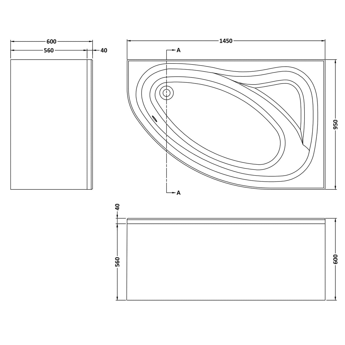 Fairford 1450 x 950mm RH Corner Bath