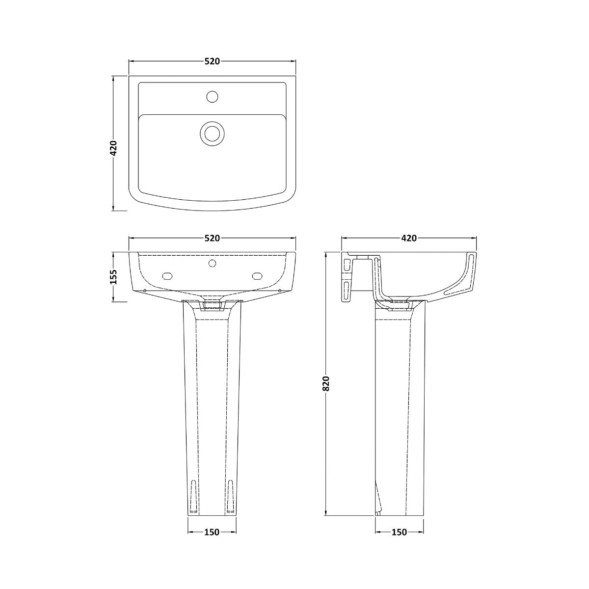 Fairford Mellow 520mm 1TH Basin and Full Pedestal