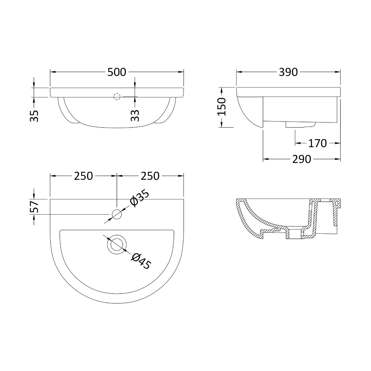 Fairford Gravo 500mm 1TH Semi Recessed Basin