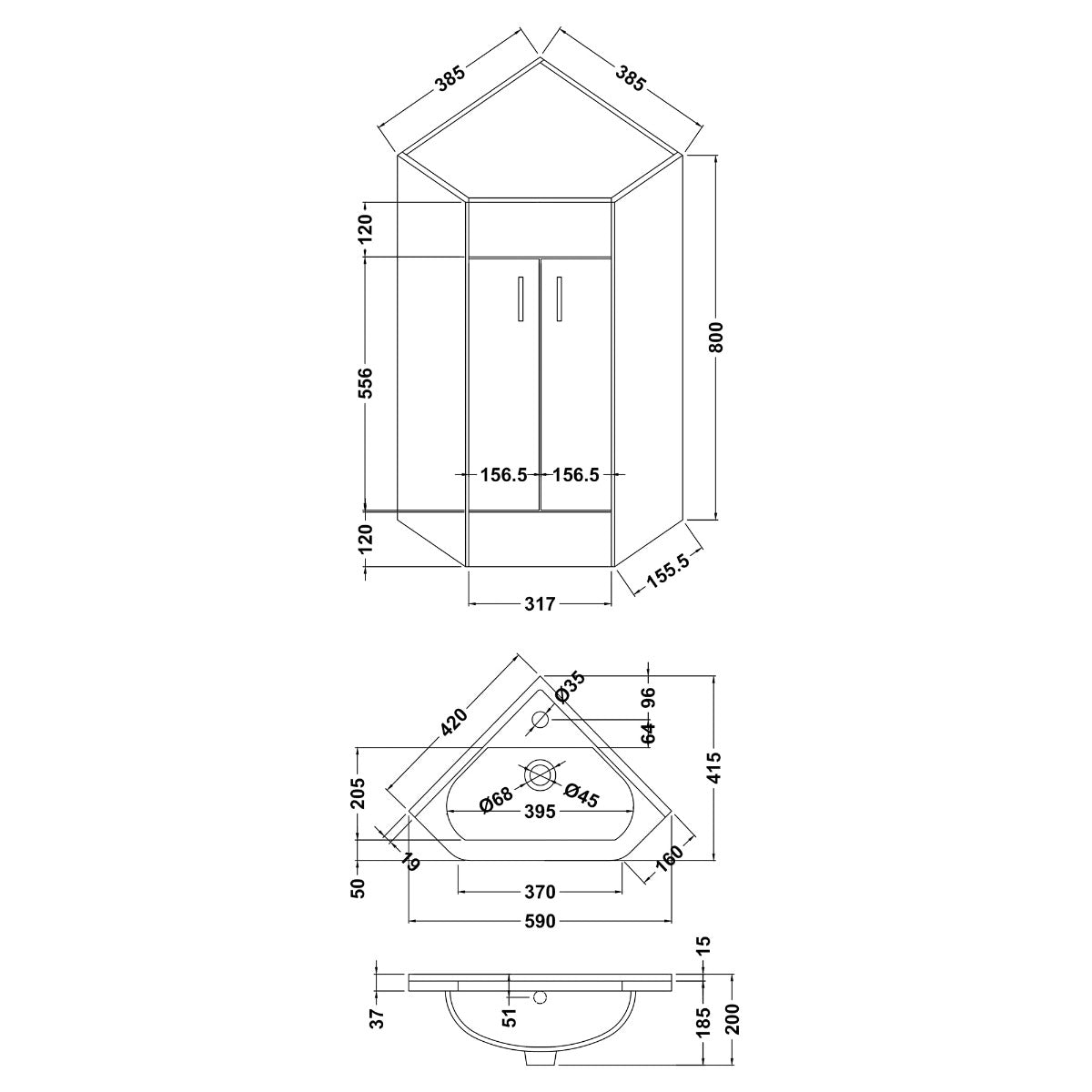 Fairford Arlo Gloss White 555mm 2 Door Corner Cabinet