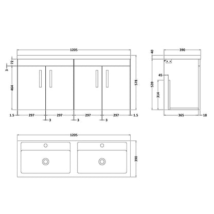 Fairford Carnation 1200mm Gloss White Wall Hung 4 Door Double Vanity Unit