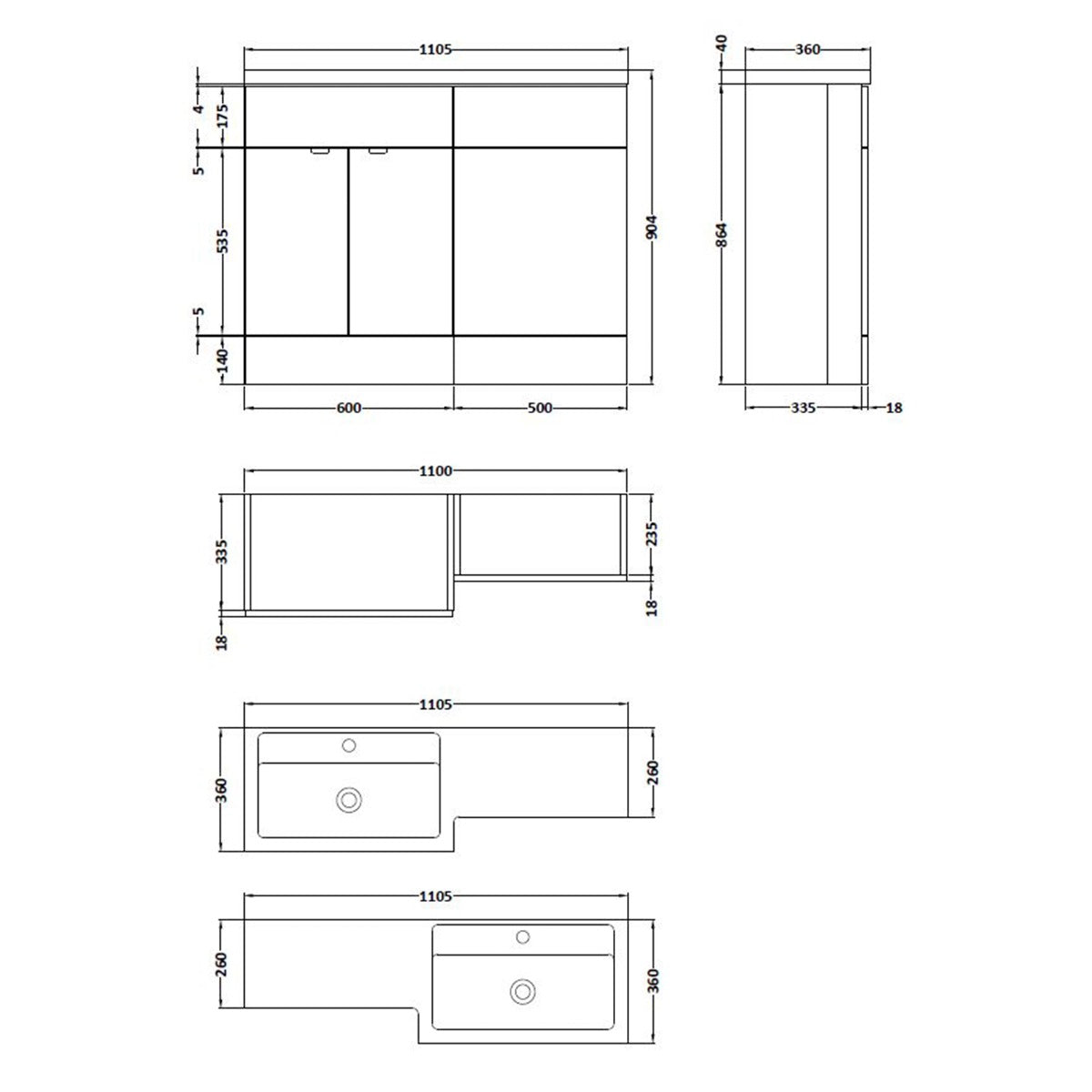 Fairford 1100mm Gloss White Right Hand Pack