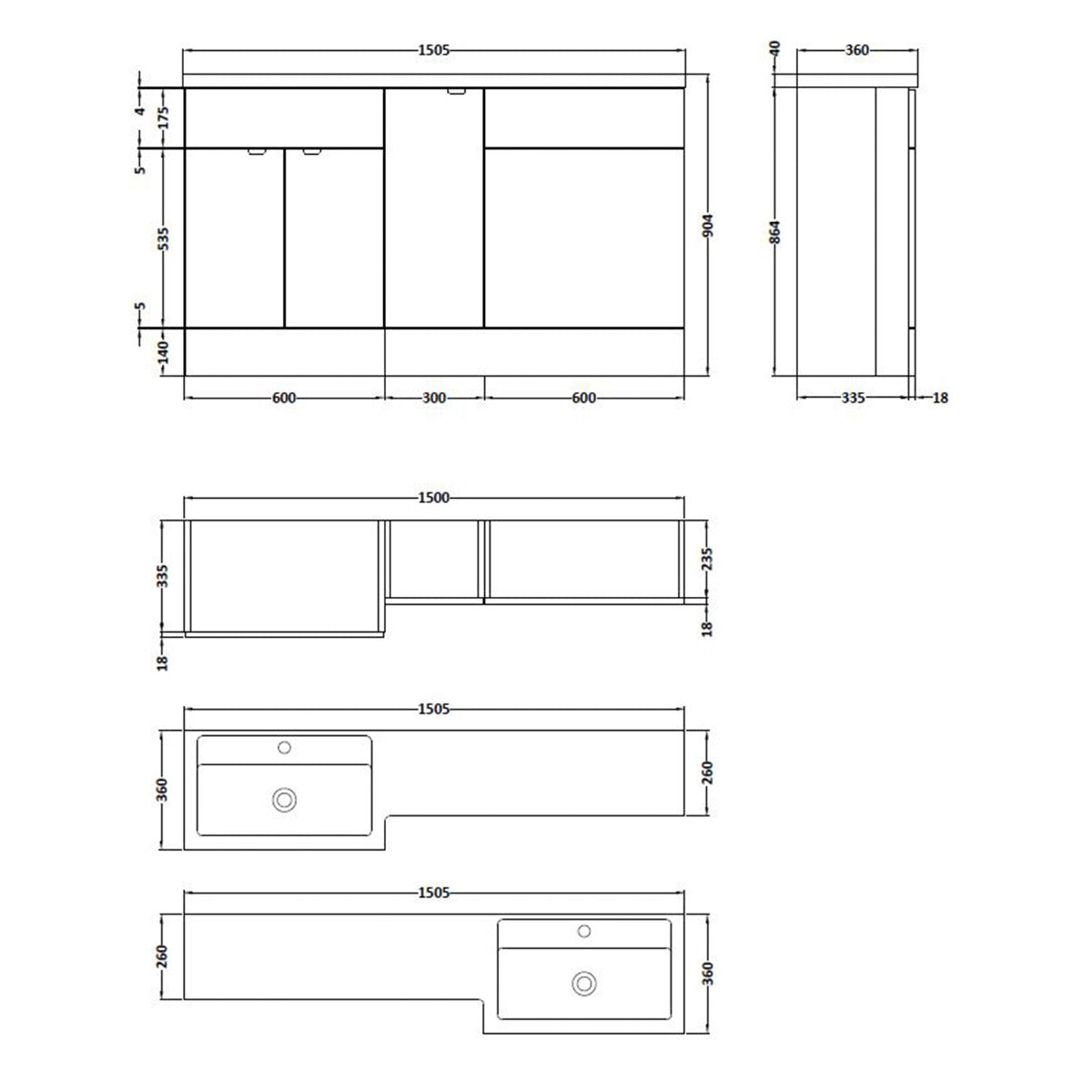 Fairford 1500mm Grey Woodgrain Right Hand Pack