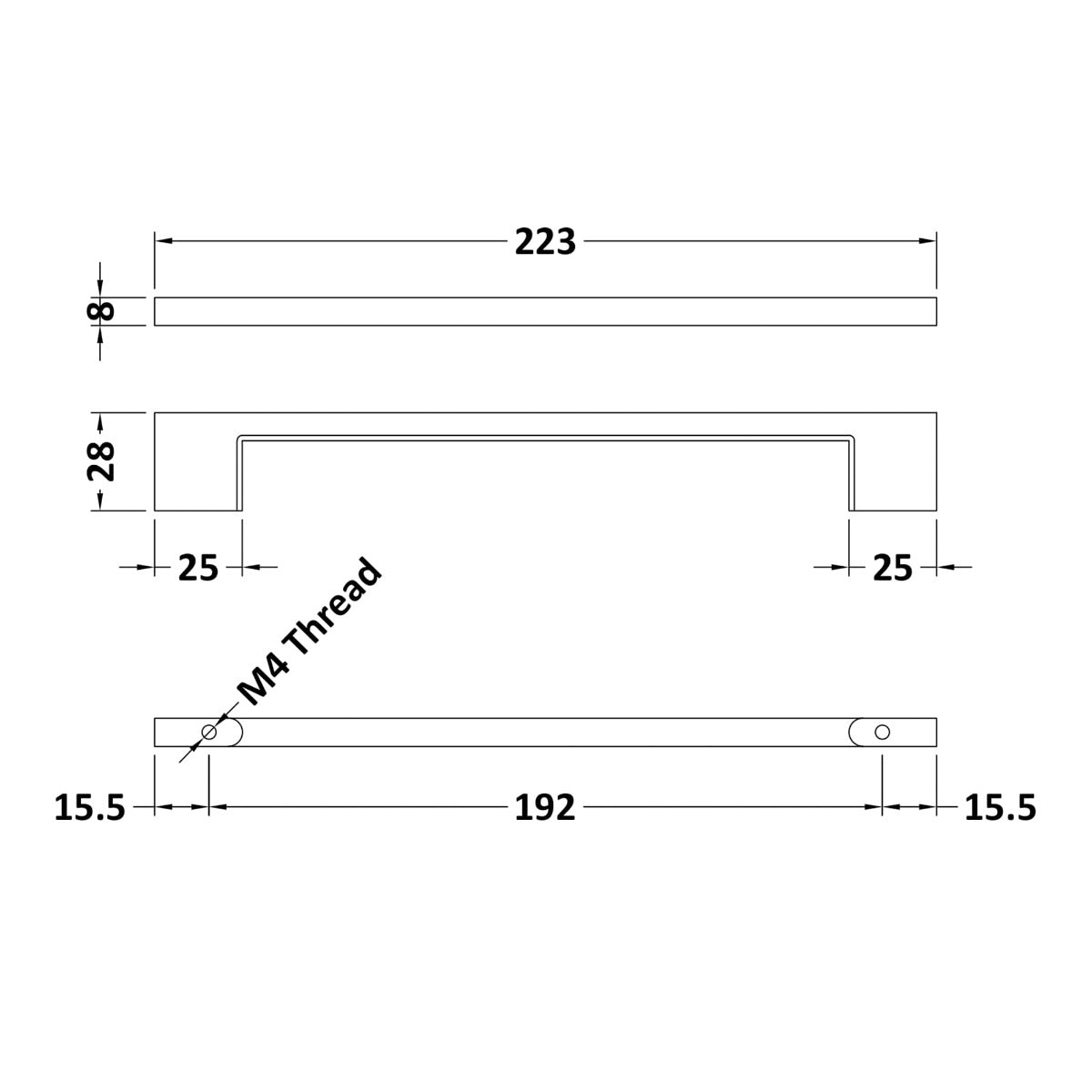 Slimline Square Handle, Chrome, 192mm Centres