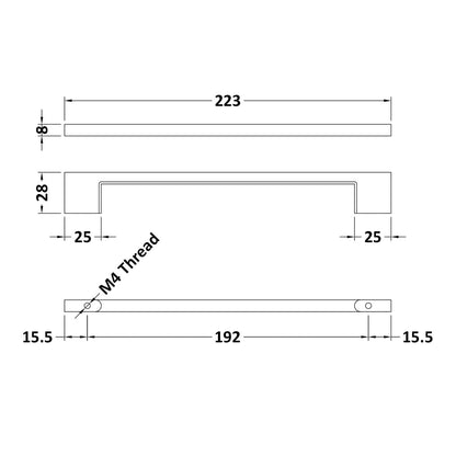 Slimline Square Handle, Chrome, 192mm Centres
