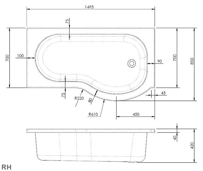 Fairford 1500 x 850 RH P Shape Bath with Screen and Panel