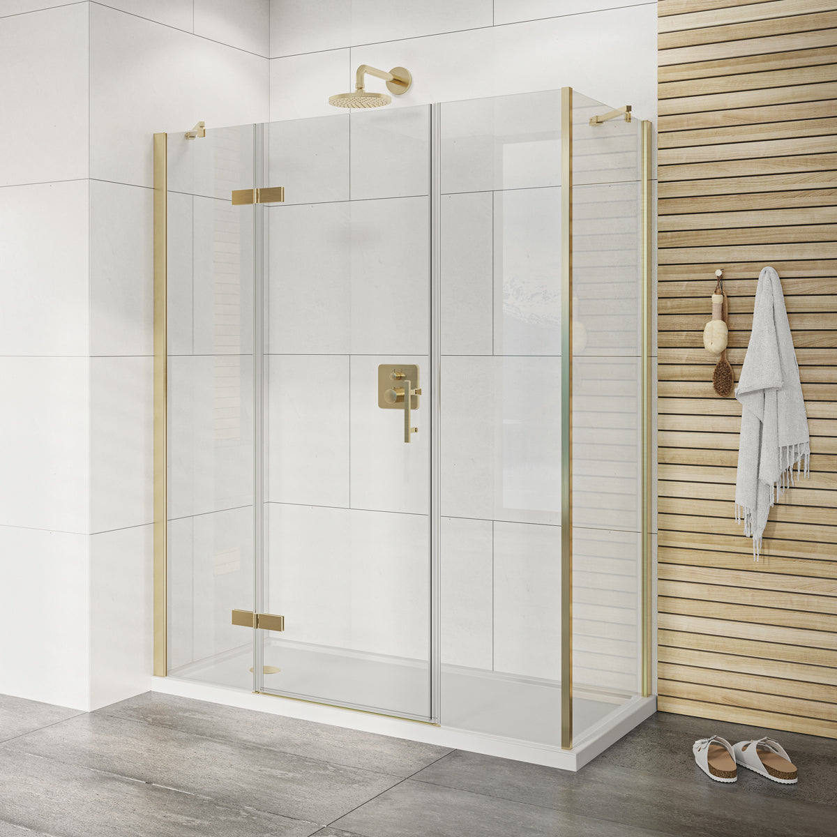 Fairford Pro 8 Brushed Brass 1600 x 800mm Frameless 8mm Hinged Door Enclosure with 2 Inline Panels