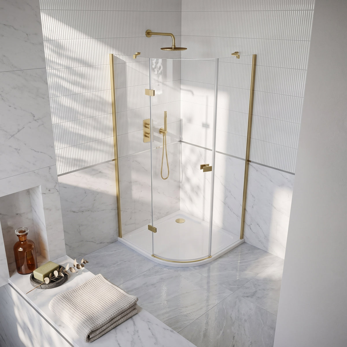 Fairford 8mm Frameless 1200 x 800mm Brushed Brass Offset Quadrant Enclosure