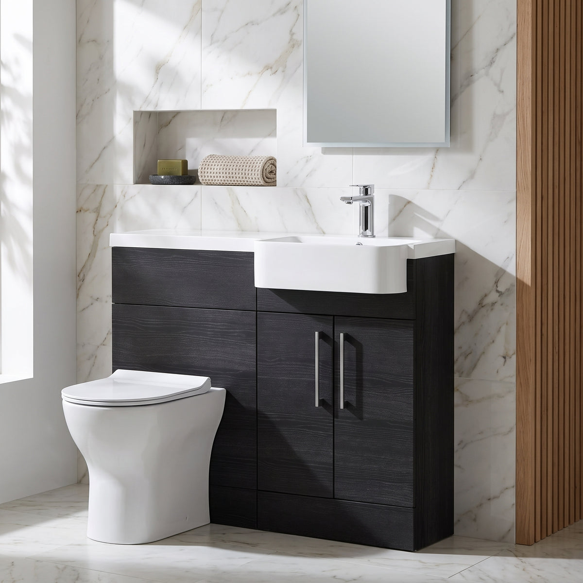 Fairford Union Black Woodgrain 1000mm Square Semi Recessed Basin Right Hand Combination Pack