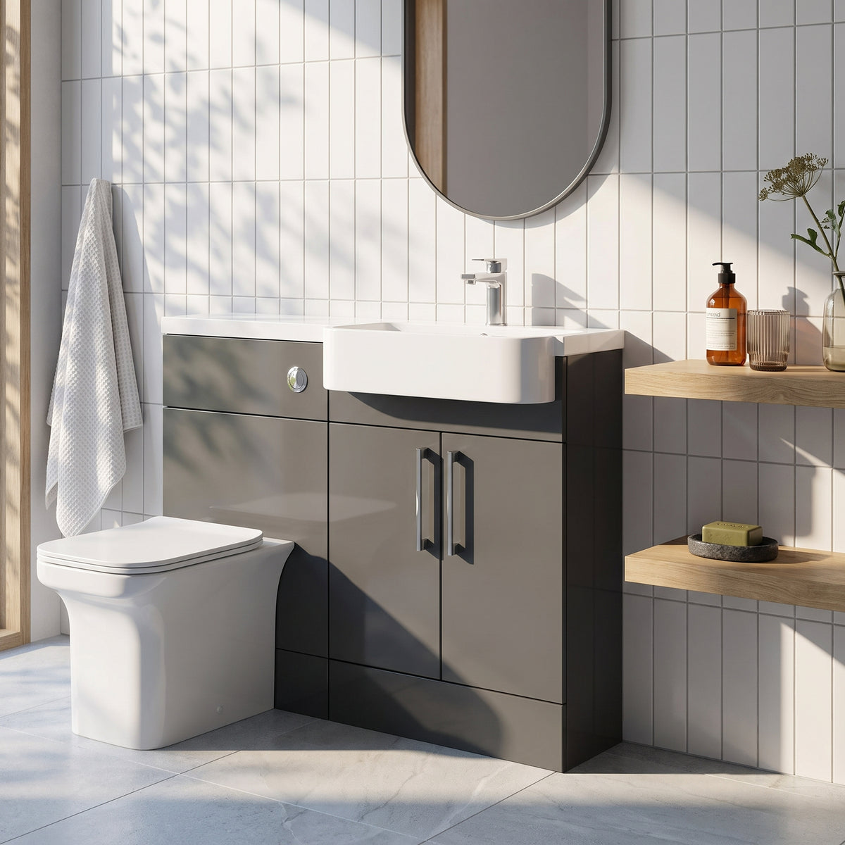 Fairford Union Gloss Grey 1100mm Round Semi Recessed Basin Right Hand Combination Pack