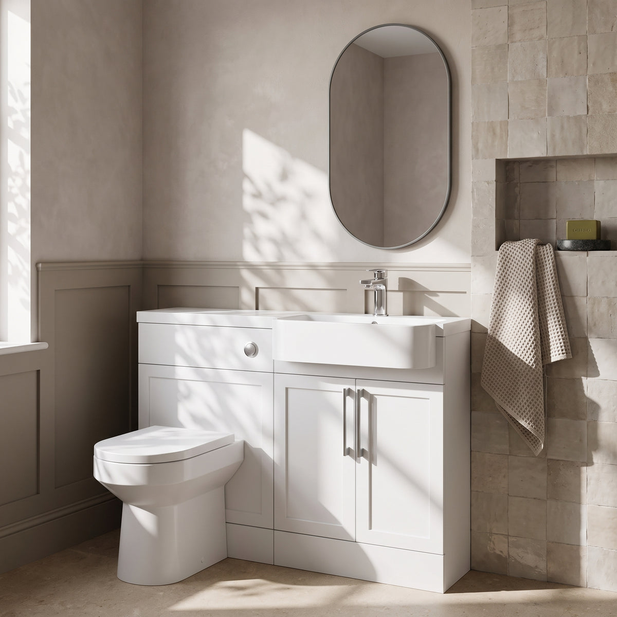 Fairford Union Style Shaker Matt White 1100mm Round Semi Recessed Basin Right Hand Combination Pack