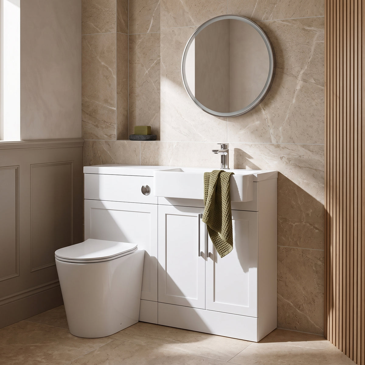 Fairford Union Style Shaker Matt White 1100mm Square Semi Recessed Basin Right Hand Combination Pack