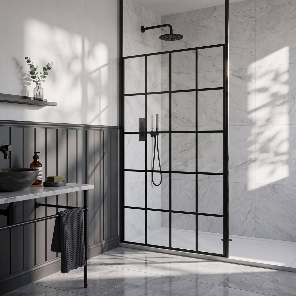 Fairford 1100mm 8mm Matt Black Crittall Wetroom Screen, 2 Ceiling Posts