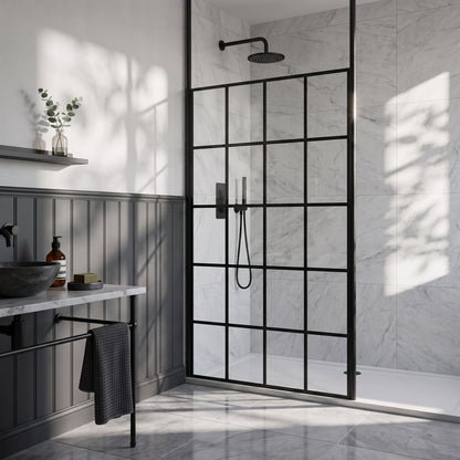 Fairford 1100mm 8mm Matt Black Crittall Wetroom Screen, 2 Ceiling Posts