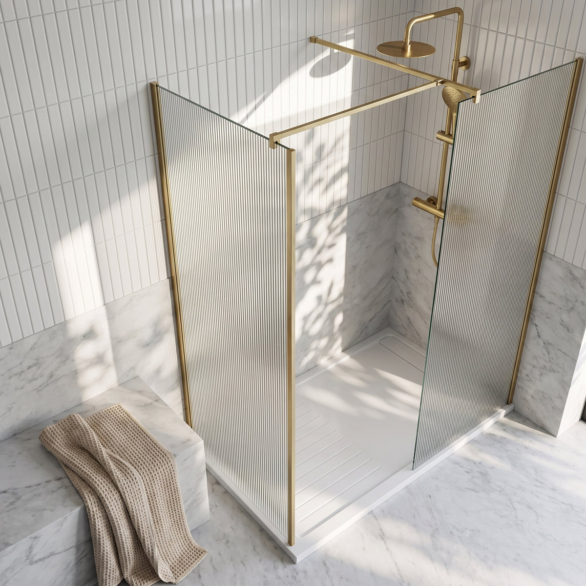 Fairford 1000mm Brushed Brass Fluted 8mm Wetroom Screen - 1850mm High