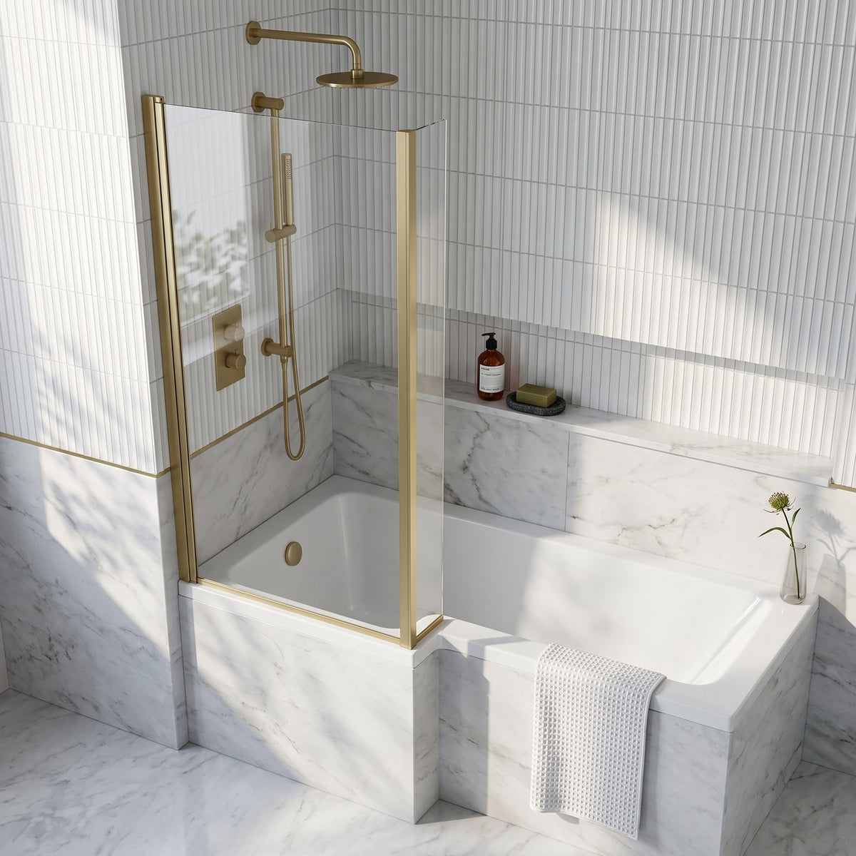 Fairford 6mm Brushed Brass L Shape Shower Bath Screen with Fixed Return