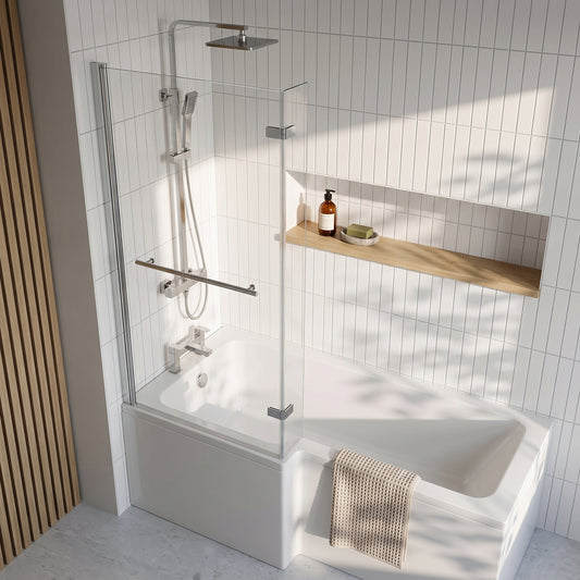 Fairford 6mm L Shaped Shower Bath Screen, Fixed at Wall with Hinged Return