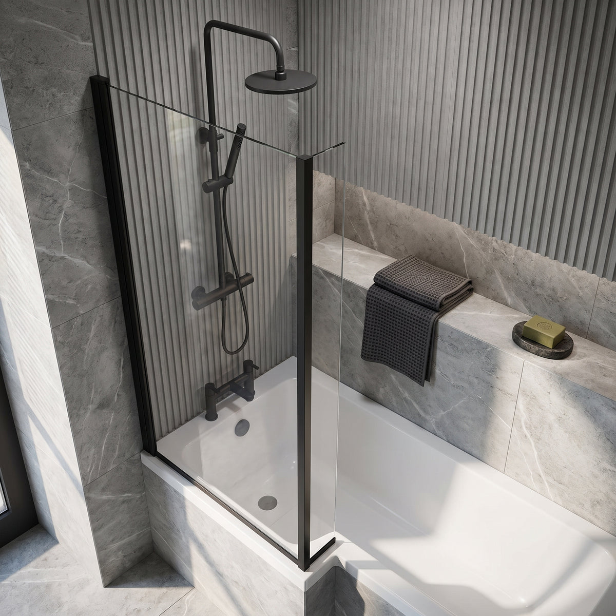 Fairford 6mm L Shaped Shower Bath Screen, Matt Black