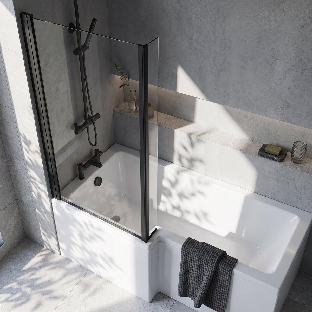 Fairford 6mm Matt Black L Shape Shower Bath Screen with Fixed Return