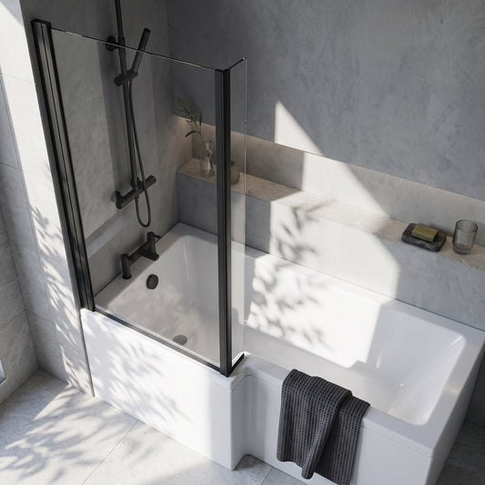 Fairford 6mm Matt Black L Shape Shower Bath Screen with Fixed Return