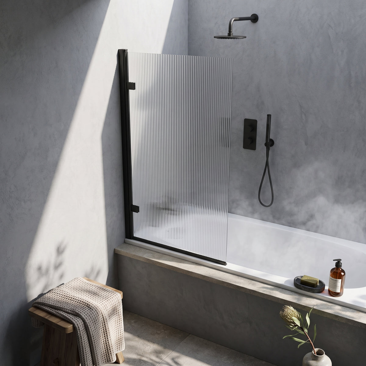 Fairford 8mm Matt Black Square Hinged Bath Screen