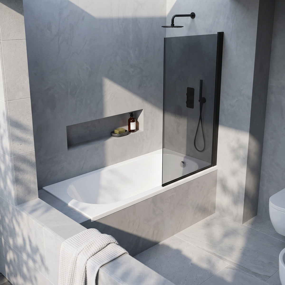 Fairford Black Tinted Hinged Bath Screen