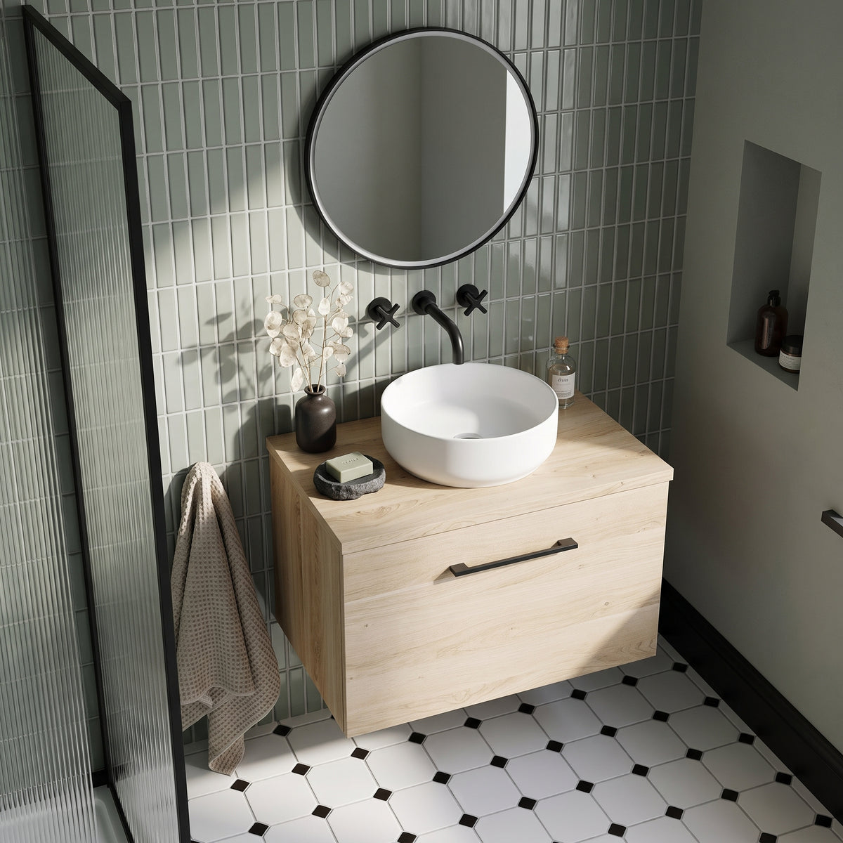 Fairford Aspri Bleached Oak 600mm 1 Drawer Wall Hung Vanity Unit with Worktop