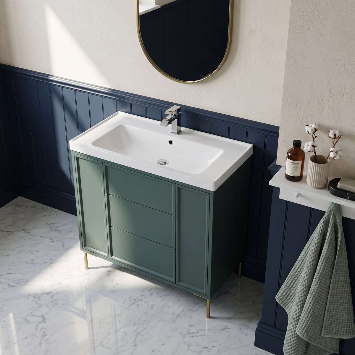 Fairford Elan Marin Green 1000mm Floorstanding Vanity Unit with Brushed Brass Legs