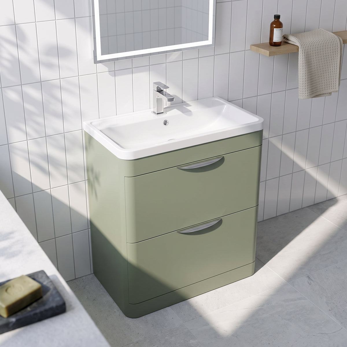 Fairford Flow 800mm 2 Drawer Satin Green Floor Standing Vanity Unit