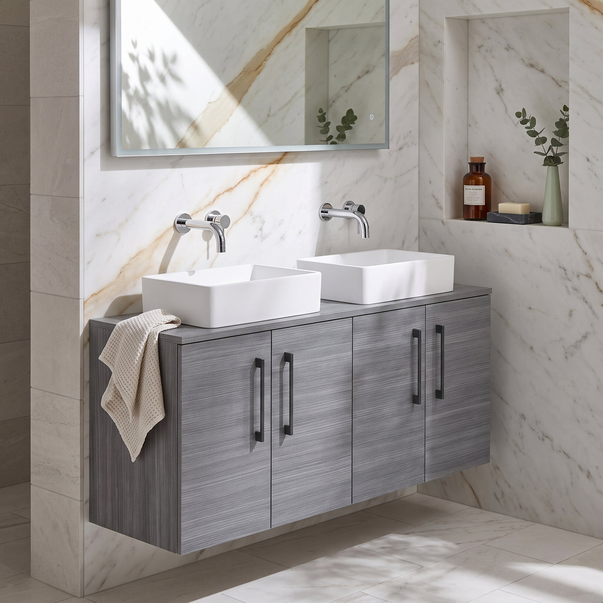 Fairford Aspri Grey Woodgrain 1200mm 4 Door Wall Hung Vanity Unit with Worktop