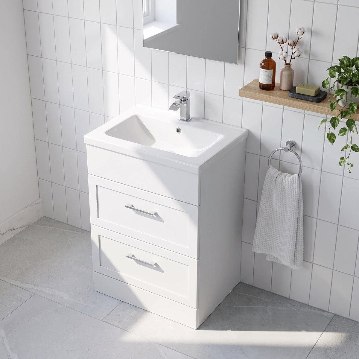 Fairford Union Style Shaker Matt White 600mm Full Depth 2 Drawer Vanity Unit