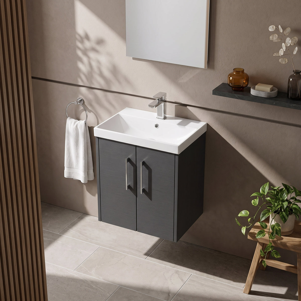 Fairford Anika 500mm Graphite Woodgrain 2 Door Wall Hung Vanity Unit