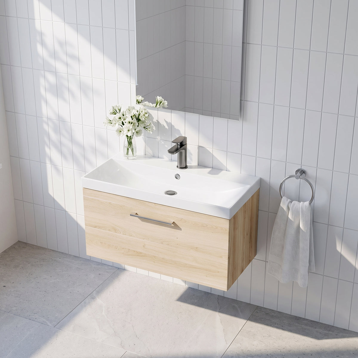 Fairford Aspri Bleached Oak 800mm 1 Drawer Wall Hung Vanity Unit
