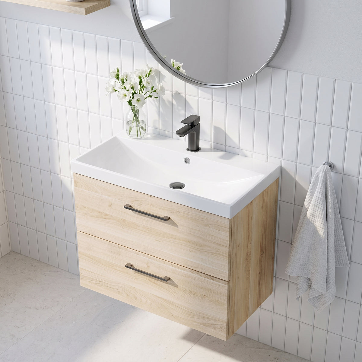 Fairford Aspri Bleached Oak 800mm 2 Drawer Wall Hung Vanity Unit