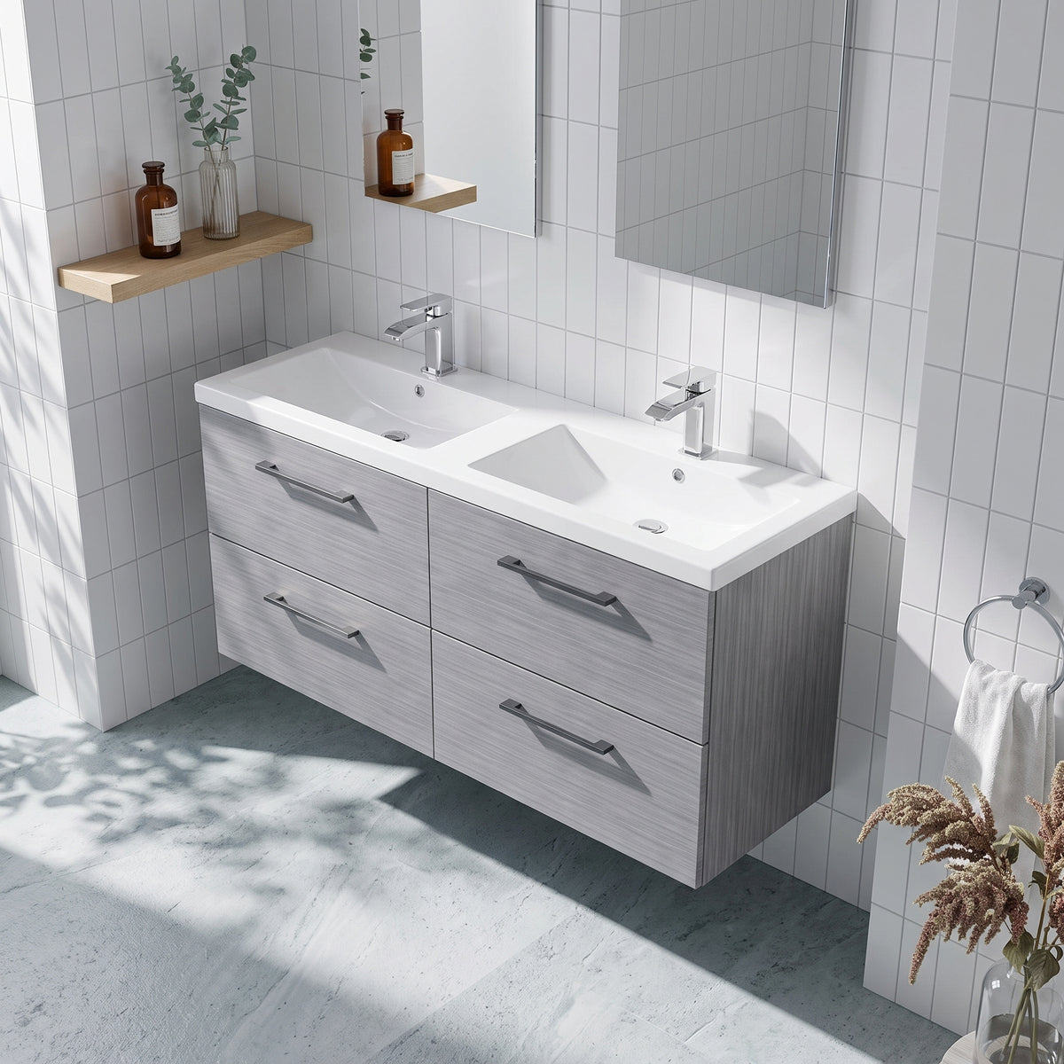 Fairford Aspri Grey Woodgrain 1200mm 4 Drawer Wall Hung Vanity Unit