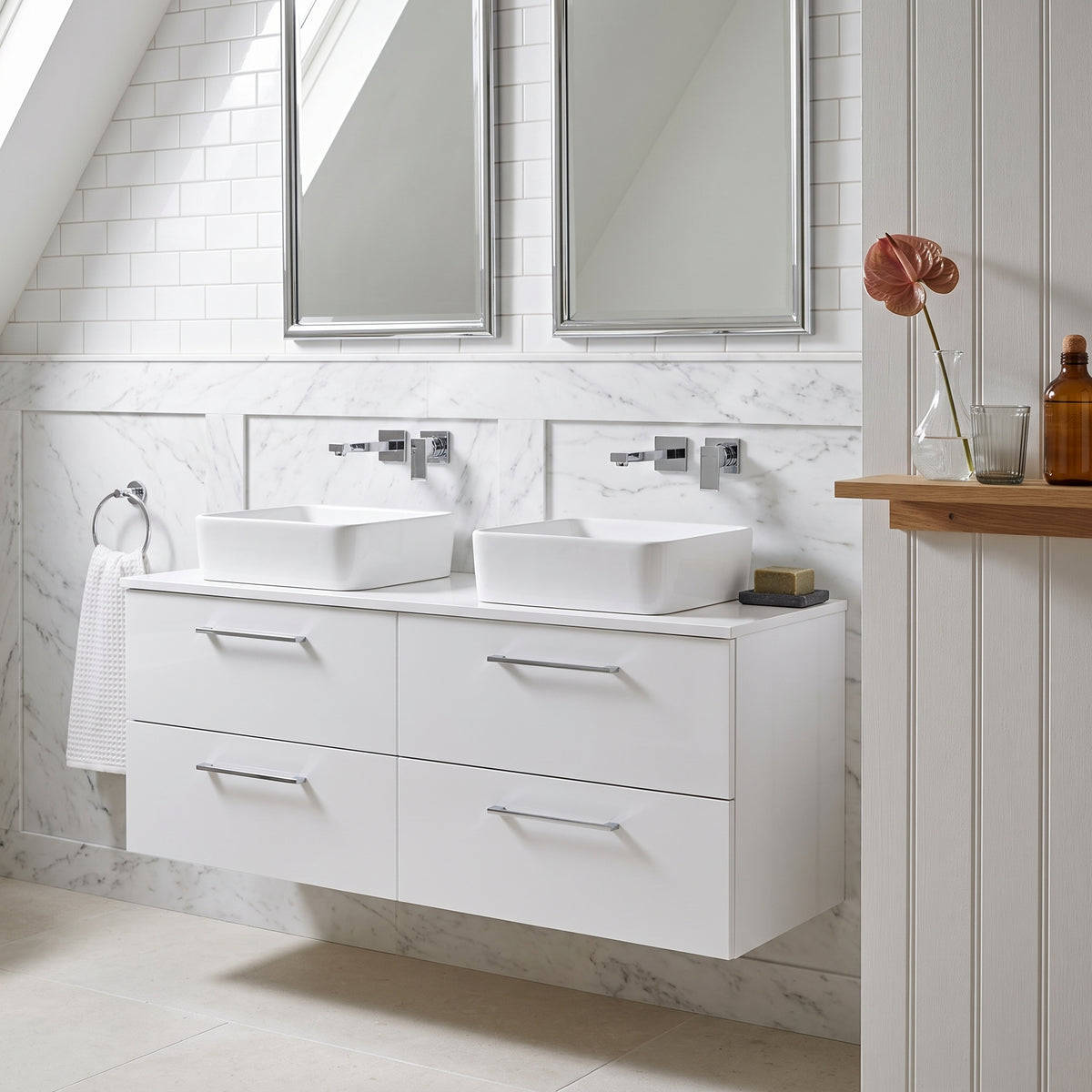 Fairford Aspri Gloss White 1200mm 4 Drawer Wall Hung Vanity Unit with Worktop