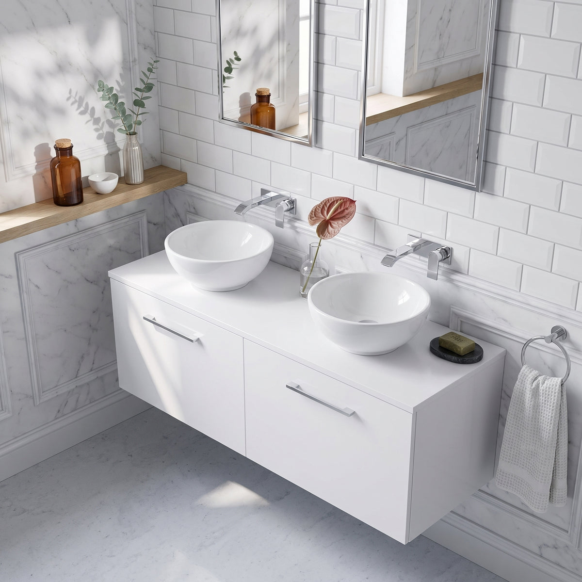 Fairford Aspri Gloss White 1200mm 2 Drawer Wall Hung Vanity Unit with Worktop