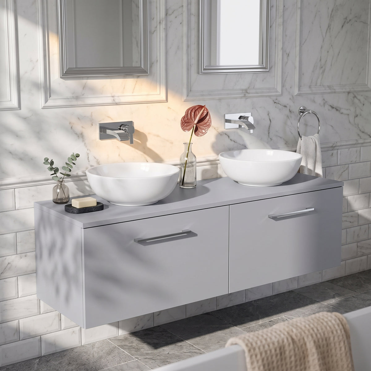 Fairford Aspri Satin Grey 1200mm 2 Drawer Wall Hung Vanity Unit with Worktop