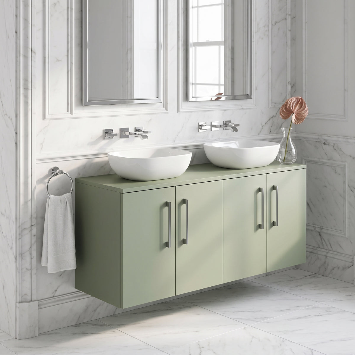 Fairford Aspri Satin Green 1200mm 4 Door Wall Hung Vanity Unit with Worktop