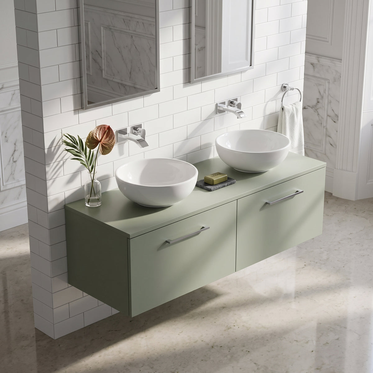 Fairford Aspri Satin Green 1200mm 2 Drawer Wall Hung Vanity Unit with Worktop