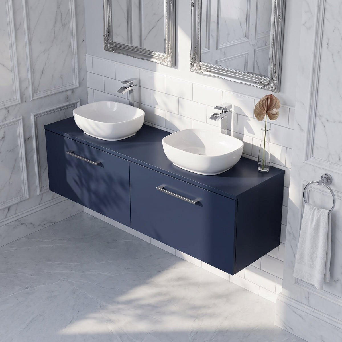 Fairford Aspri Midnight Blue 1200mm 2 Drawer Wall Hung Vanity Unit with Worktop