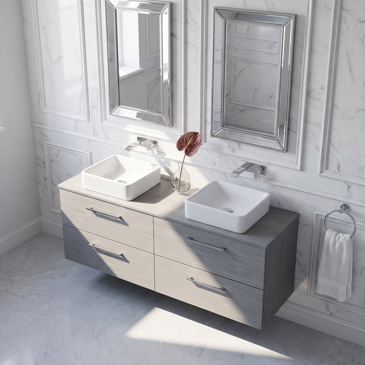 Fairford Aspri Grey Woodgrain 1200mm 4 Drawer Wall Hung Vanity Unit with Worktop