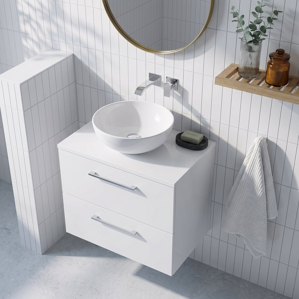 Fairford Aspri Gloss White 600mm 2 Drawer Wall Hung Vanity Unit with Worktop