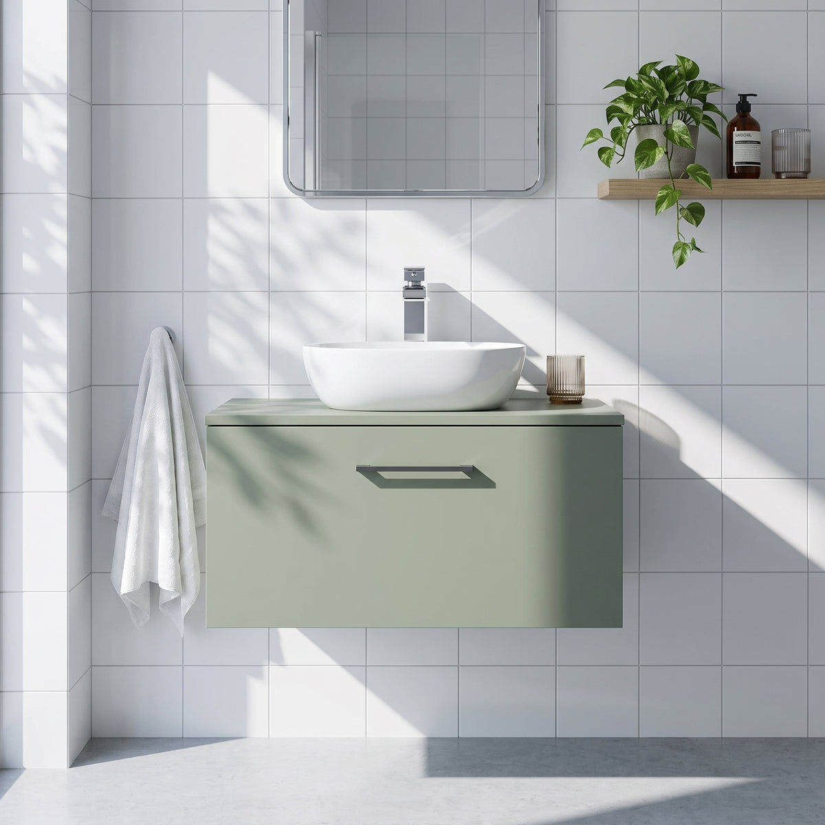 Fairford Aspri Satin Green 800mm 1 Drawer Wall Hung Vanity Unit with Worktop