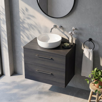 Fairford Aspri Black Woodgrain 600mm 2 Drawer Wall Hung Vanity Unit with Worktop