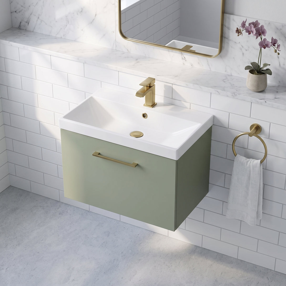 Fairford Aspri Satin Green 600mm 1 Drawer Wall Hung Vanity Unit